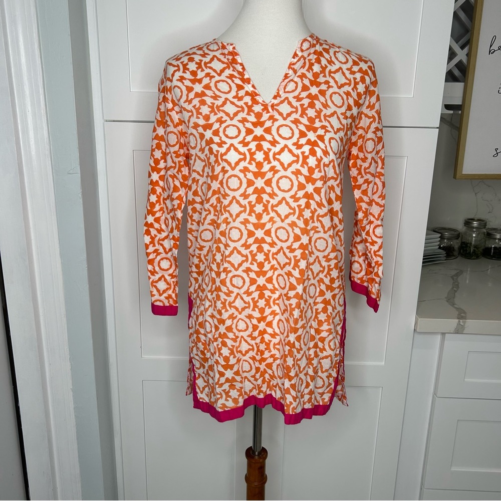 Roberta Roller Rabbit Women’s Sheer Orange & Pink Long Sleeve Tunic Top Size XS